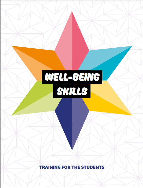 Wellbeig skills guide cover. The cover is white in colour. The cover is completed by an eight-pointed star. Each branch is a different colour. Colours clockwise from top middle: Red, light blue, yellow, dark blue, green, orange. Text in the middle of the star: Well-being skills