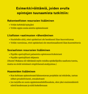 Esimerkkiväittämiä, joiden avulla opintojen tuunaamista tutkittiin: 1) Rakenteellisten resurssien lisääminen: Yritän kehittää kykyjäni. Yritän oppia uusia asioita opinnoissani. 2) Liiallisten vaatimusten vähentäminen: Huolehdin siitä, ettei opiskeluni ole henkisesti liian kuormittavaa. Yritän varmistaa, ettei opiskeluni ole henkisesti liian kuormittavaa. Yritän varmistaa, ettei opiskeluni ole emotionaalisesti liian kuormittavia. 3) Sosiaalisten resurssien lisääminen: Pyydän opettajiltani palautetta opintosuorituksistani. Pyydän opettajiltani ohjausta. (Huom! Mukana oli väittämisä myös toisilta opsikelijoilta saadusta tuesta, mutta ne eivät toimineet empiirisessä analyysissa.) 4) Haateiden lisääminen: Kun kohtaan opinnoissani kiinnostava projektin tai tehtävän, tartun siihen proaktiivisesti, ennakoivasti. Jos tarjolla on uusia oppimismahdollisuuksia, olen yksi ensimmäisistä niistä kuulemaan ja niitä kokeilemaan.